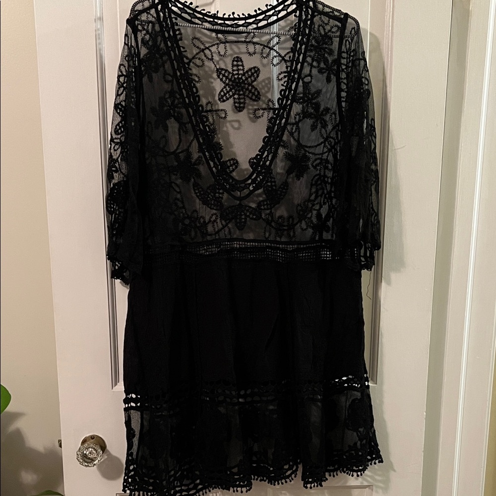 Chic Boutique Black Lace swim cover up 3/4 length Sleeve Dress